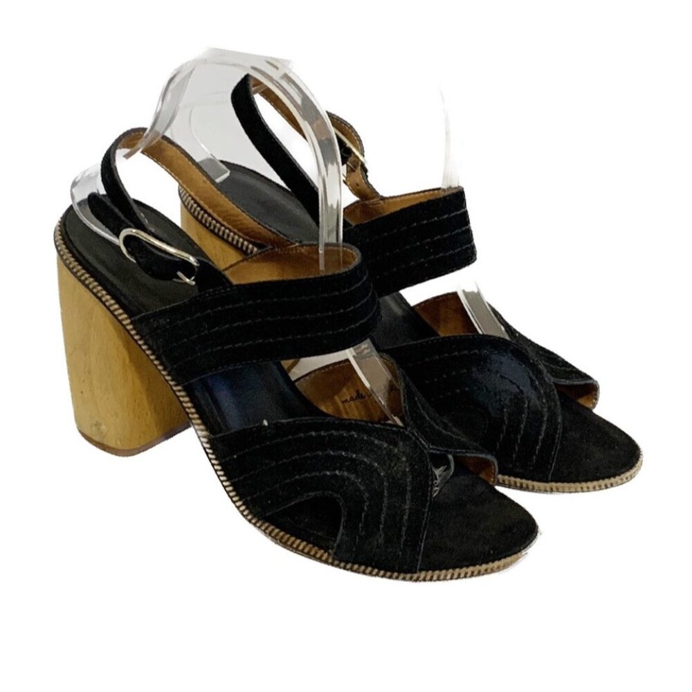 Joie Aforlee Women’s 9.5 Y2K Black Suede Slingback Sandals Wood Block Heel